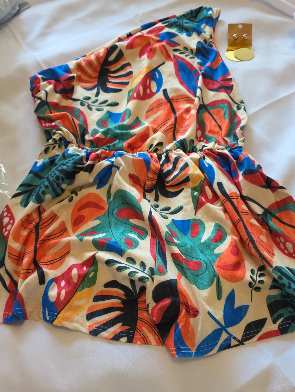 Plis SIZE Romper W/earrings Tropical Leaf One-Shoulder Dress - Multicolor